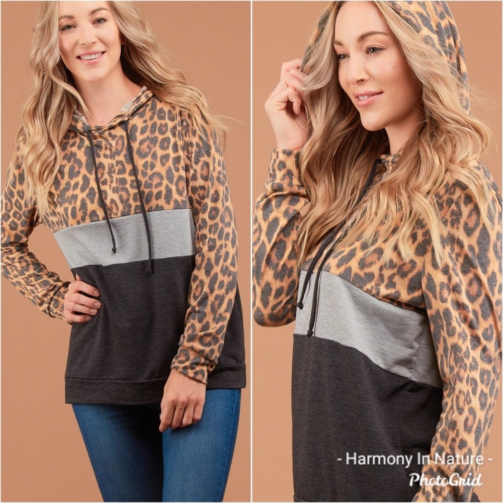 Leopard & Gray Color Block Hooded Pullover - Picture 3 of 8